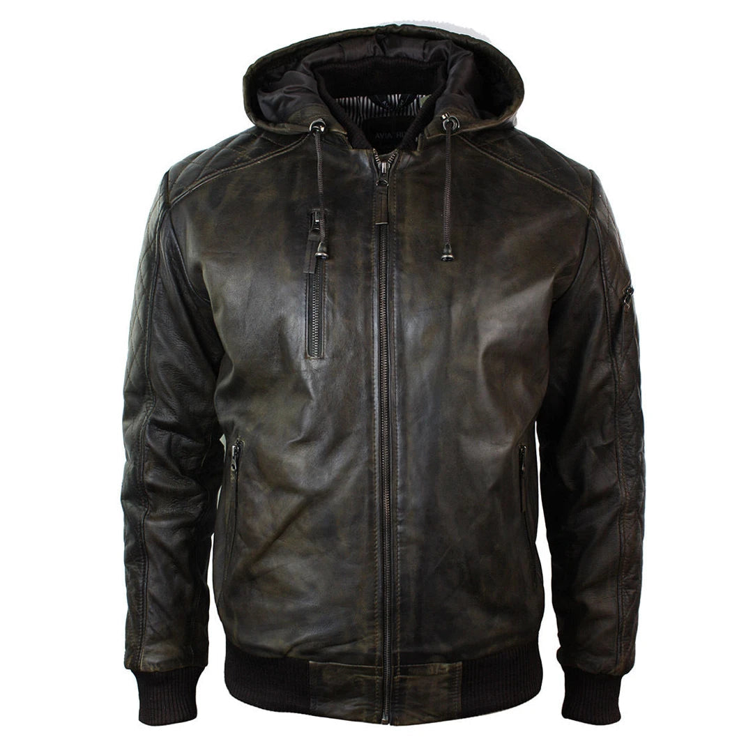 Men's sporty raincoat-Men's Brown Washed Distressed Removable Hood Bomber Leather Jacket Quilted