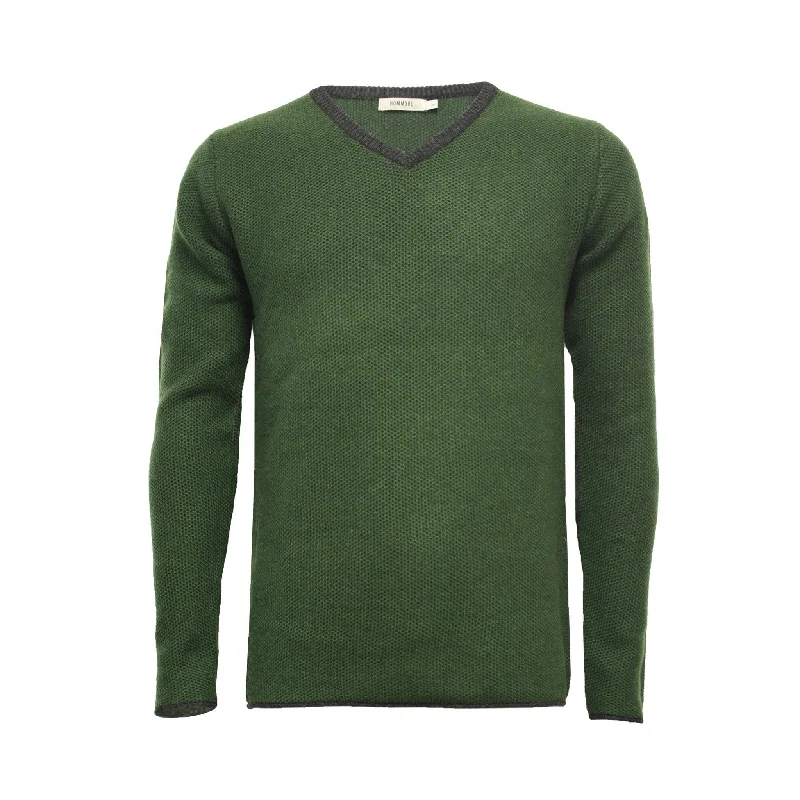 Men's urban knit-Cedak Green Cashmere V Neck Sweater with contrast