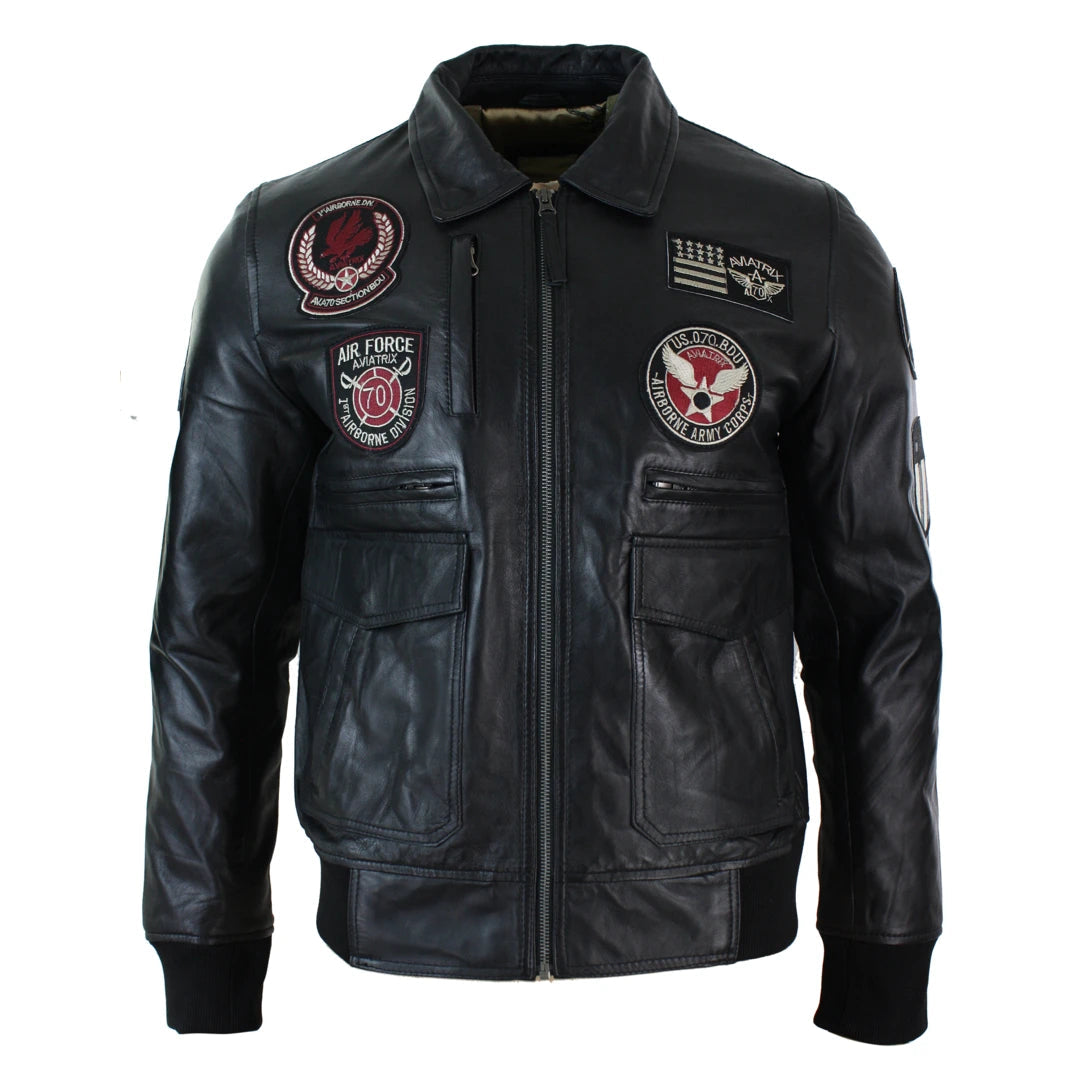 Men's versatile rain jacket-Men's Leather Bomber Badge Air Force Pilot Aviator Jacket