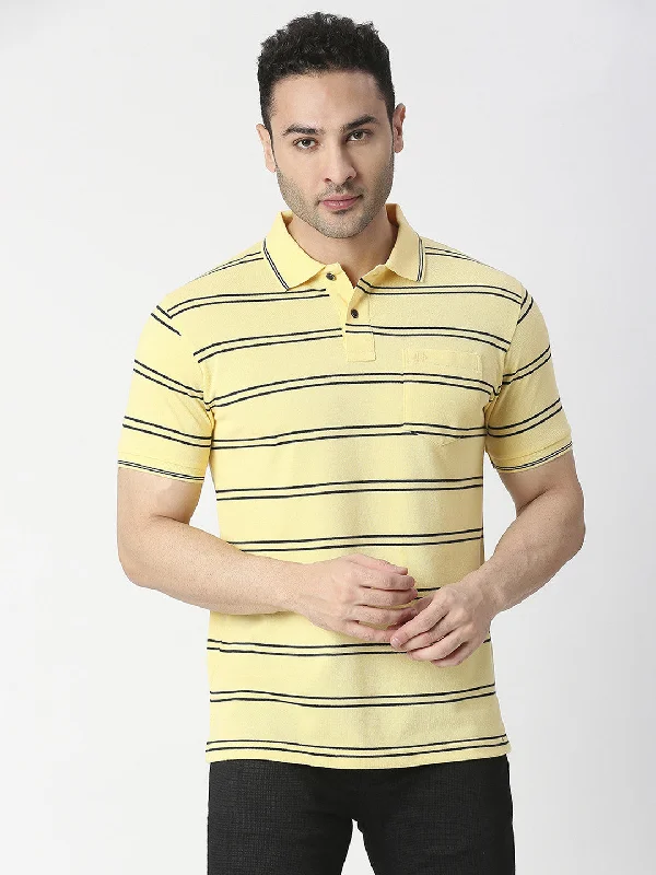 Men's wrinkle-free casual polo shirt-Lemon Yellow Striped Pique Polo T-shirt with Pocket