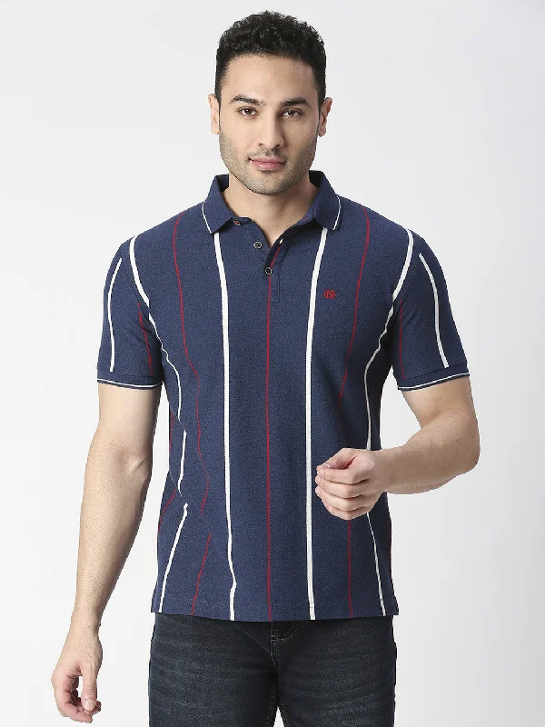 Men's gym-ready dress polo shirt-Navy Verticle Stripes Pique Polo T-shirt