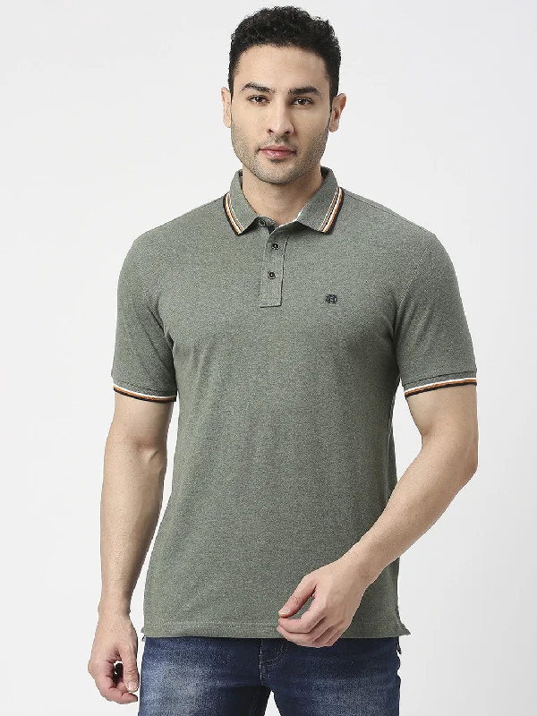 Men's adventure-ready office polo shirt-Green Melange Pique Lycra Polo T-Shirt With Tipping Collar