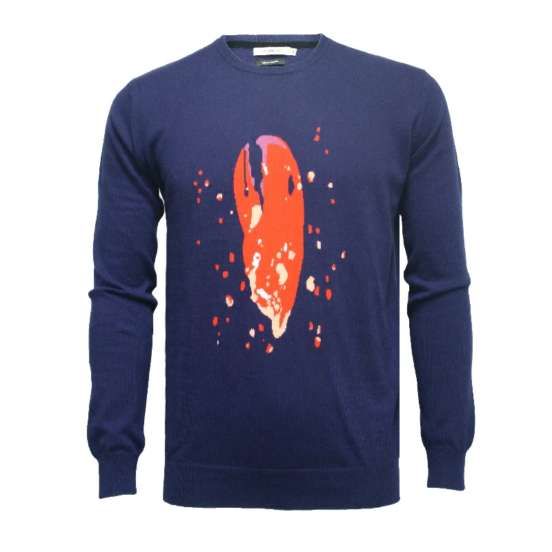 Men's retro knit-Navy Crew Neck Lobster Claw Intarsia