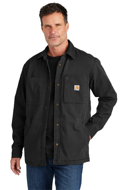 Men's antibacterial travel jacket-Carhartt Mens Rugged Flex Fleece Lined Button Down Shirt Jacket - Black