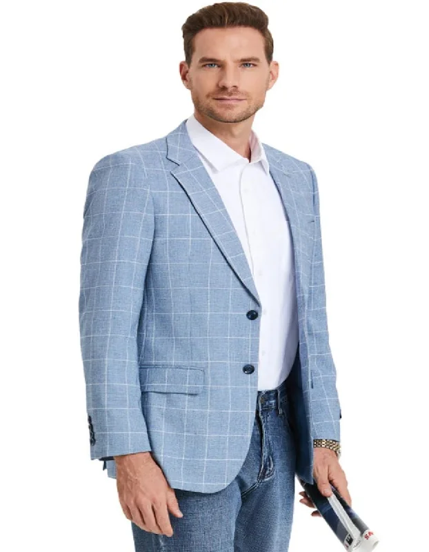 Men's adventure-ready fleece jacket-Men's Slim Fit Business Casual Summer Light Blue Windowpane Plaid Blazer