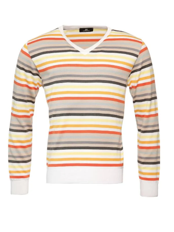 Men's sleep sweater-Stripe Vneck Sweater In Orange