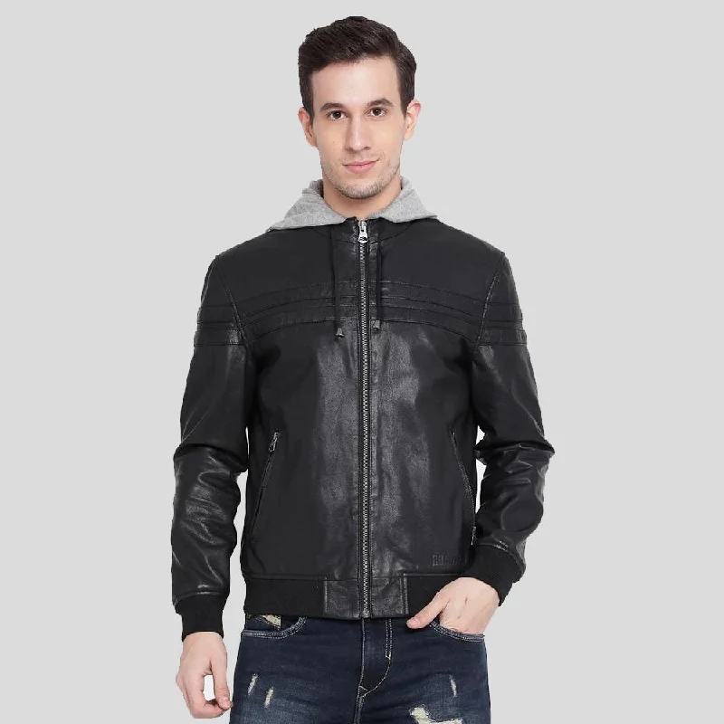 Men's sustainable travel jacket-Brice Black Hooded Leather Jacket