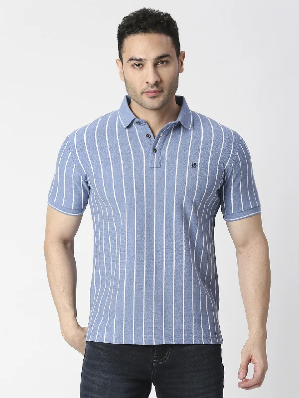 Men's sustainable casual wear polo shirt-Sky Melange Verticle Striped Pique Polo T-shirt