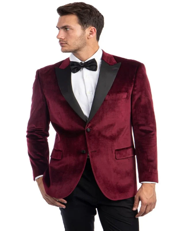 Men's summer performance jacket-Mens Two Button Peak Lapel Velvet Wedding & Burgundy Prom Tuxedo Jacket