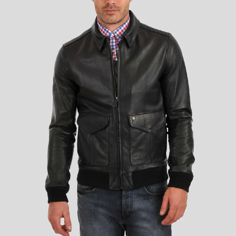 Men's tech-fabric performance jacket-Osian Black Bomber Leather Jacket