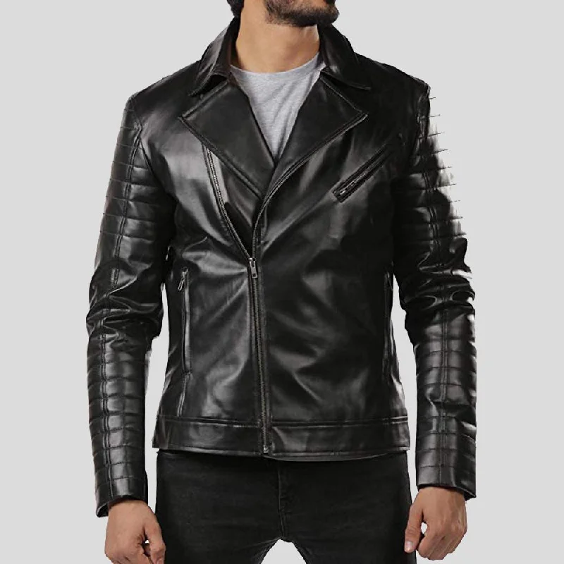 Men's weatherproof fleece jacket-Elex Black Motorcycle Leather Jacket