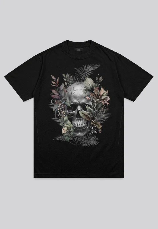 Men's durable outdoor t-shirt-BOTANICAL SKULL T-SHIRT BLACK