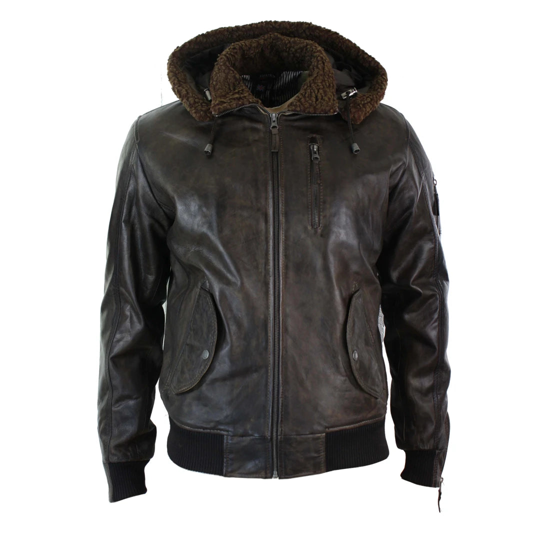 Men's eco-friendly casual jacket-Men's Leather Hood Fur Jacket Bomber Aviator Tan Brown