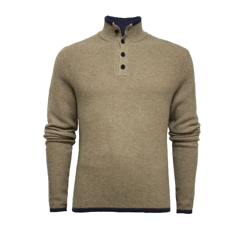 Men's biking knit-Camel Cashmere Sweater Button Neck Kandui in small Seed Stitch