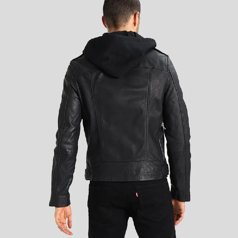 Men's fashionable rain jacket-Lupe Black Removable Hooded Leather Jacket