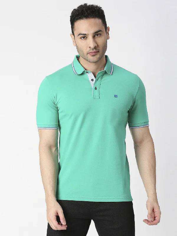 Men's antibacterial travel polo shirt-Green Pique Lycra Polo T-shirt With Tipping Collar