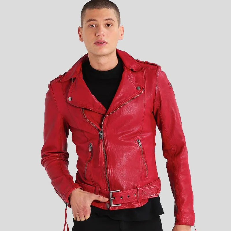 Men's sporty windbreaker-Buel Red Motorcycle Leather Jacket