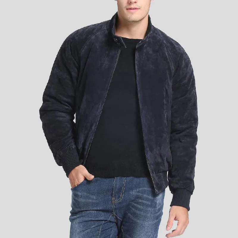 Men's relaxed fit parka-Admiral Navy Blue Suede Bomber Leather Jacket