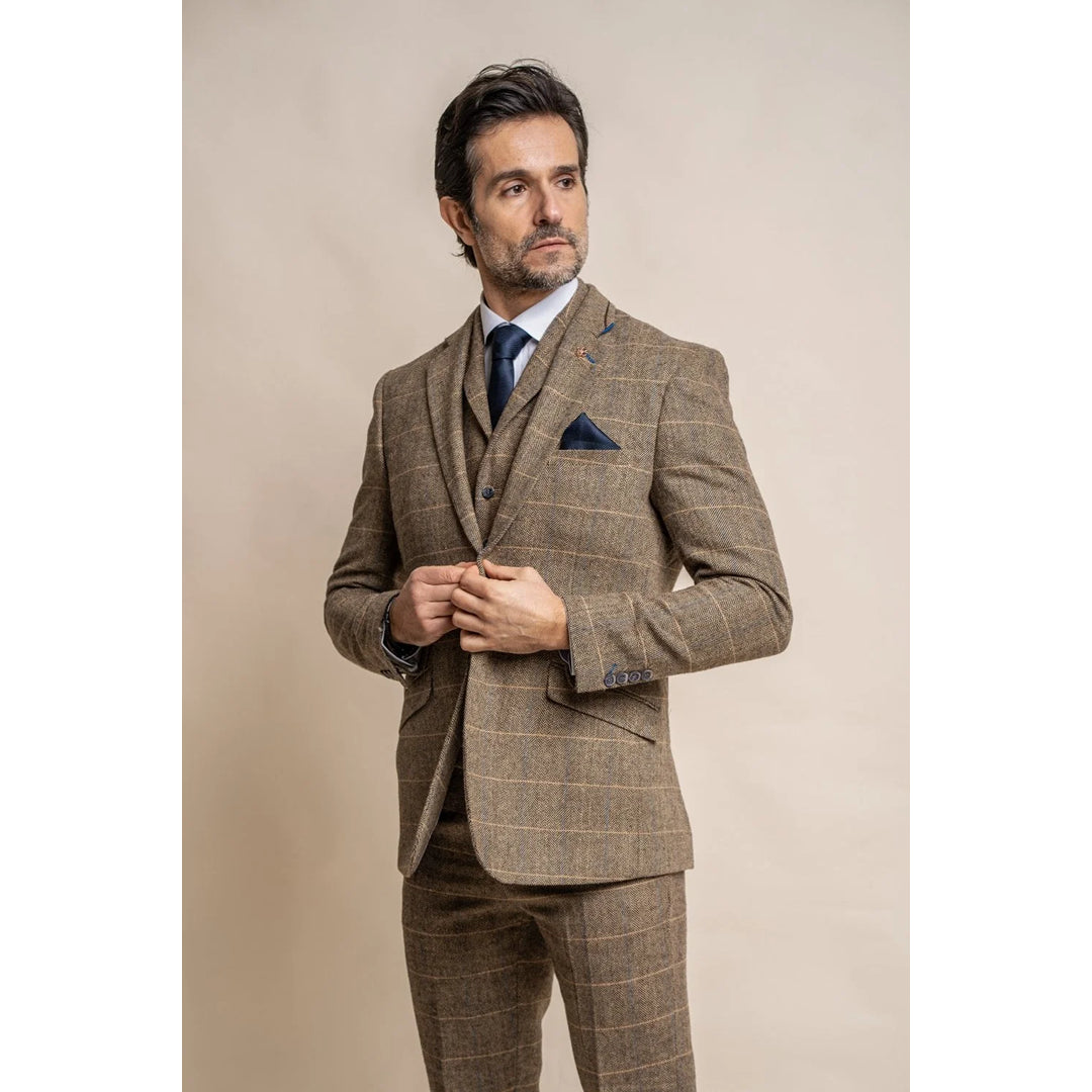 Men's functional field jacket-Albert - Men's Tweed Check Tan Blazer