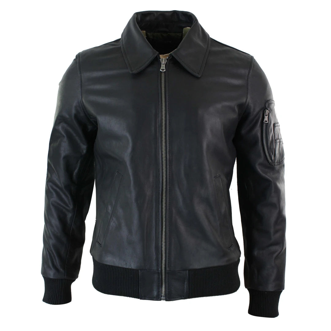 Men's breathable gym jacket-Men's Leather Harrington Bomber Classic Pilot Jacket