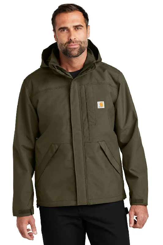 Men's performance casual jacket-Carhartt Mens Storm Defender Shoreline Waterproof Full Zip Hooded Jacket - Moss Green