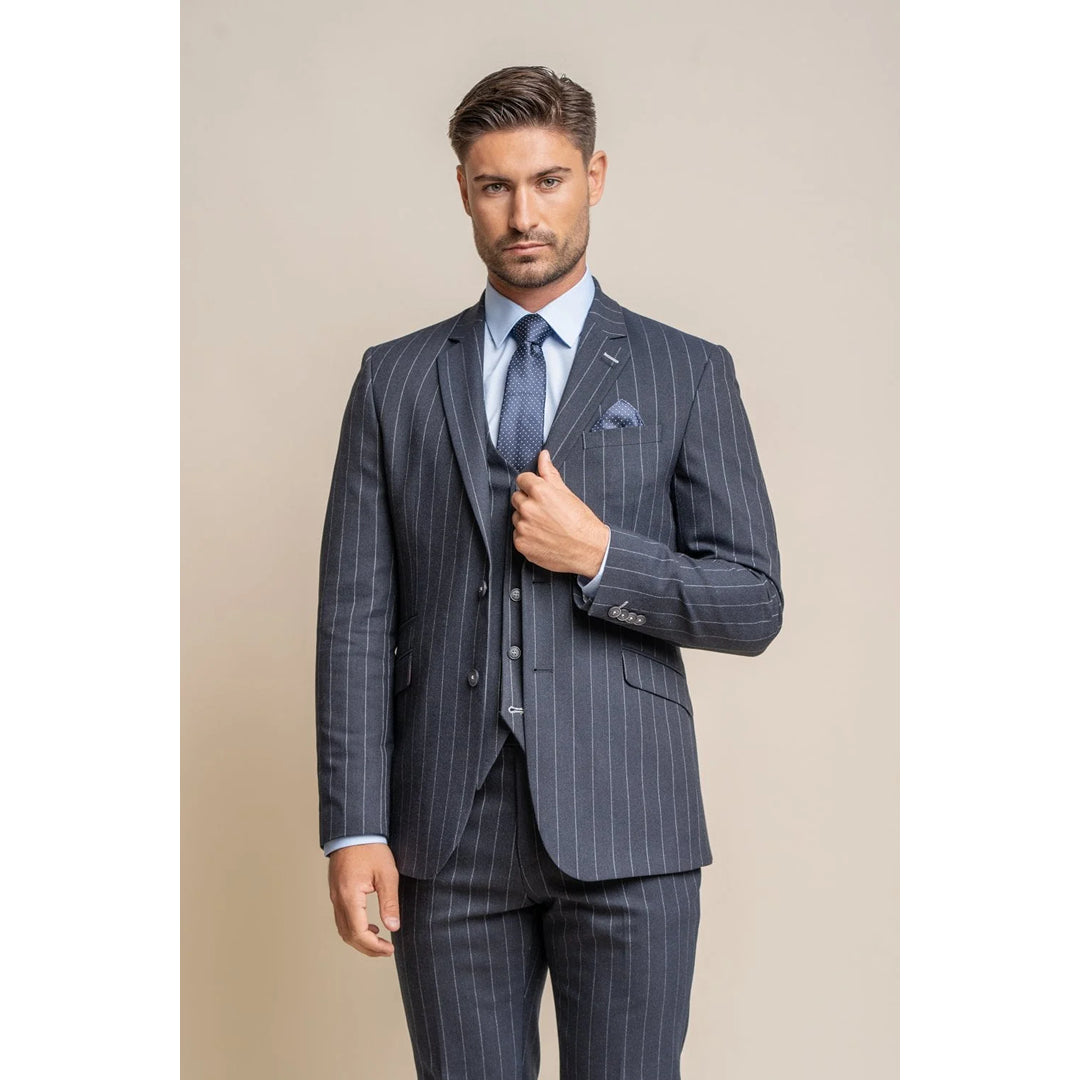 Men's performance raincoat-Invincible - Men's Navy Blue Pinstripe Blazer