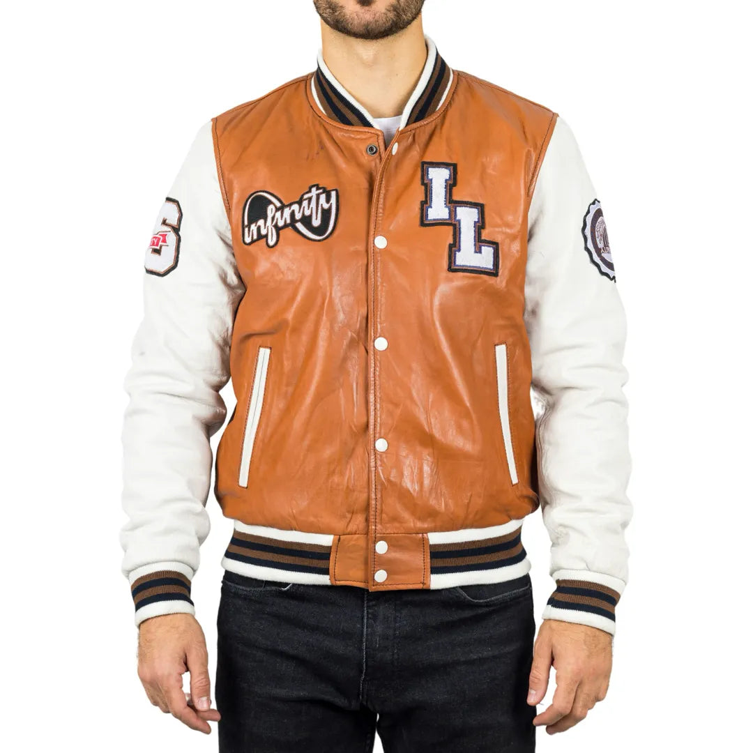 Men's sporty raincoat-Men's Tan Brown Leather Letterman Bomber Jacket