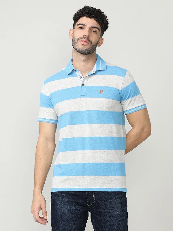 Men's comfortable office wear polo shirt-Sky Blue Pique Stripes Polo T-shirt With Tipping Collar