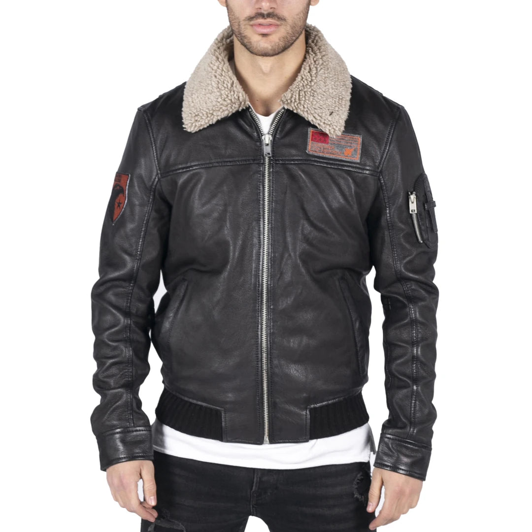 Men's eco-friendlyMen's Leather Pilot Bomber Jacket Air Force Badge & Fur Collar