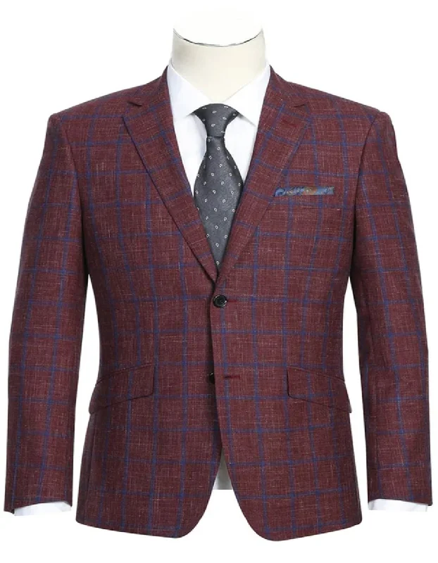 Men's ultra-lightweight jacket-Mens Slim Fit Two Button Wool Sport Coat Burgundy and Blue Windowpane Plaid Blazer