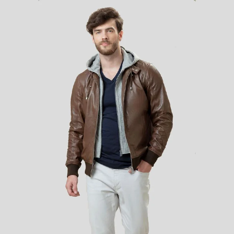 Men's weather-resistant gym jacket-Bruce Brown Bomber Leather Jacket