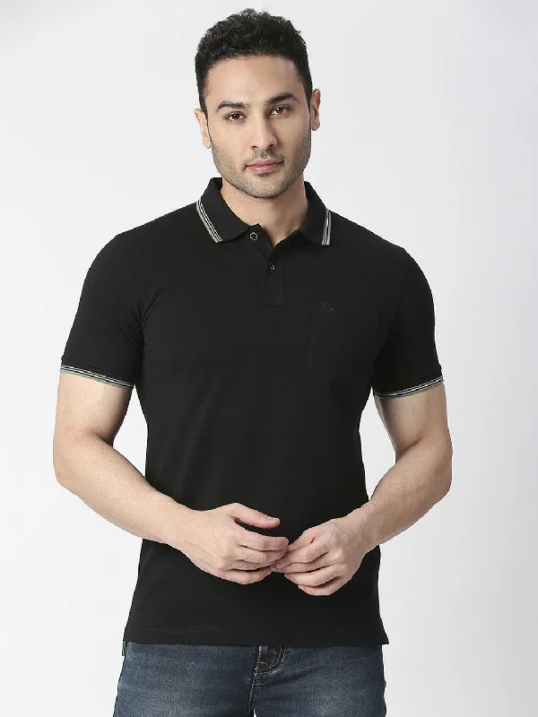 Men's gym-ready performance polo shirt-Black Pique Polo T-shirt With Pocket