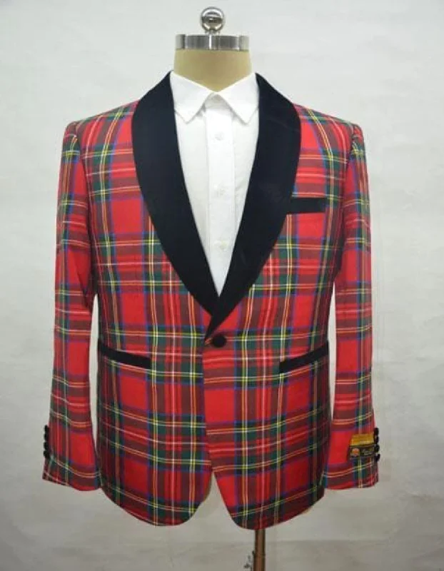 Men's sporty windbreaker-Big and Tall Plait Sport Coat - Windowpane Checkered Scottish English Patterns Party Blazer in Color Red Tartan