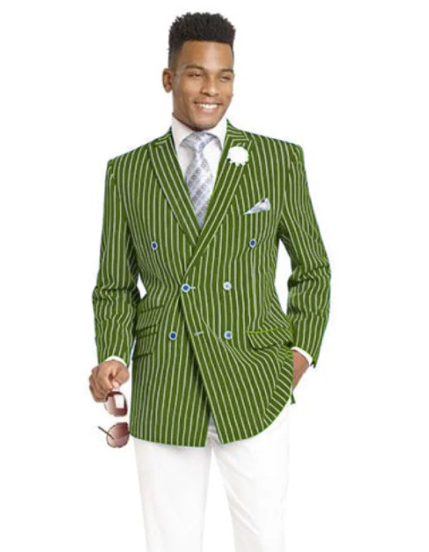 Men's ultra-comfortable travel jacket-Mens Double Breasted Blazer in Color Olive - Pinstripe Sportcoat