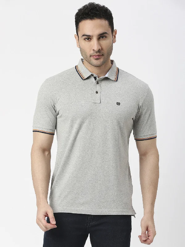 Men's wrinkle-resistant travel wear polo shirt-Grey Melange Pique Lycra Polo T-shirt With Tipping Collar