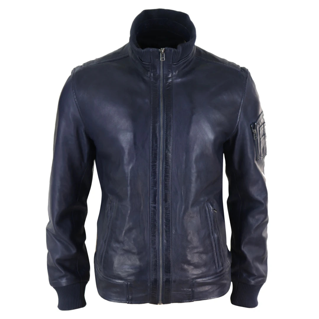 Men's naturally cooling jacket-Men's Leather Bomber Jacket Blue Brown High Elasticated Neck