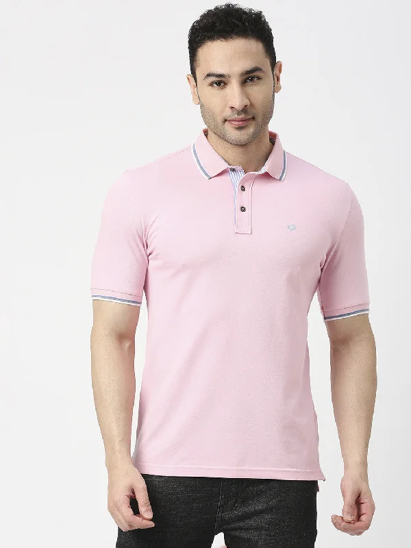 Men's modern office polo shirt-Pink Pique Lycra Polo T-shirt With Tipping Collar