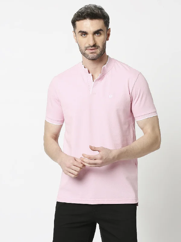 Men's sporty office polo shirt-Pink Pique Lycra Polo T-shirt With Johnny Collar