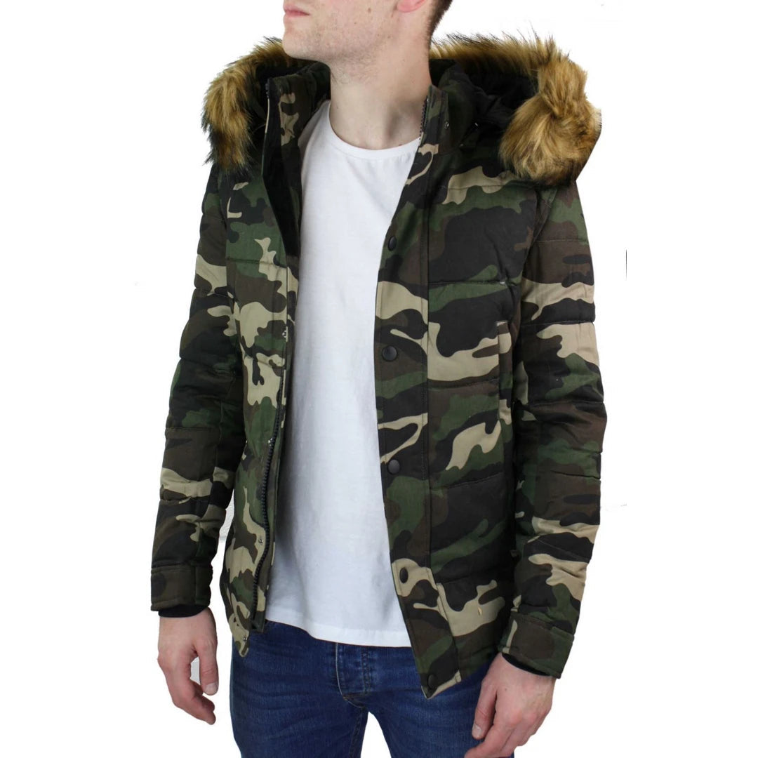 Men's organic cotton jacket-Men's Camo Camouflage Quilted Padded Puffer Jacket Hood Fur Removable