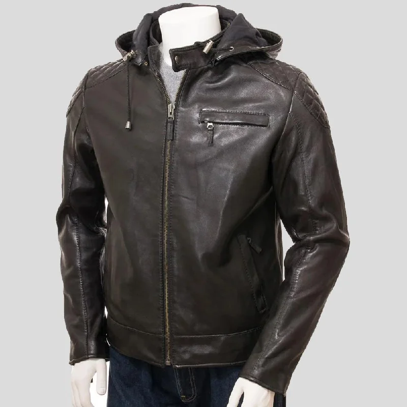 Men's eco-conscious performance jacket-Jami Black Hooded Leather Jacket