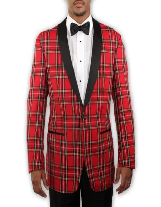 Men's tech-fabric performance jacket-Big and Tall Plait Sport Coat - Windowpane Checkered Scottish English Pattern Party Blazer in Color Red Tartan