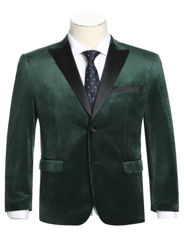 Men's fashionable rain jacket-Mens Two Button Peak Lapel Velvet Prom Hunter Green Blazer Tuxedo