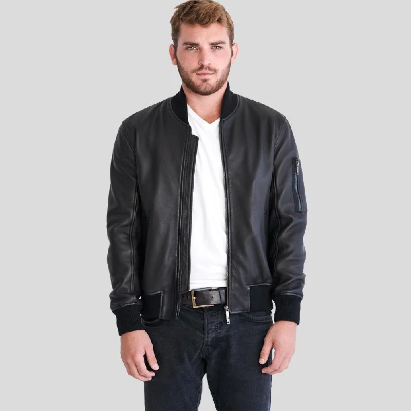 Men's naturally cooling jacket-Clark Black Bomber Lambskin Leather Jacket