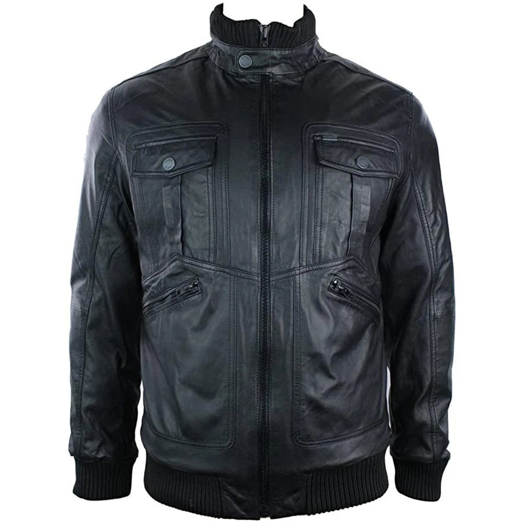 Men's quick-dry hiking jacket-Men's Urban Leather Bomber Jacket High Collar Zipped Pockets Black