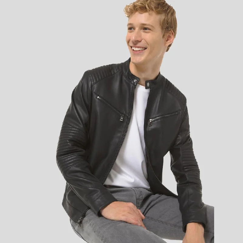 Men's performance raincoat-Claiborn Black Cafe Racer Leather Jacket