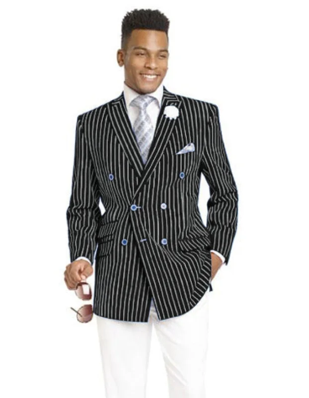 Men's sustainable gym jacket-Mens Double Breasted Blazer in Color Black - Pinstripe Sportcoat