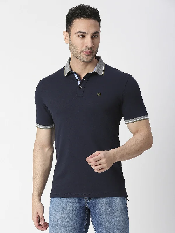 Men's pre-shrunk casual wear polo shirt-Navy Blue Pique Polo T-shirt With Contrast collar