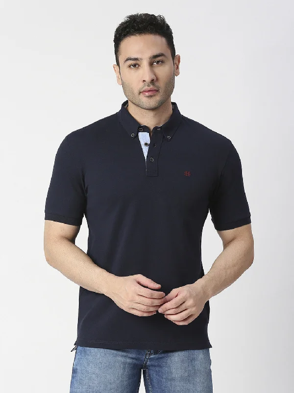 Men's wrinkle-free gym wear polo shirt-Navy Blue Cotton Lycra Button Down Polo T-shirt