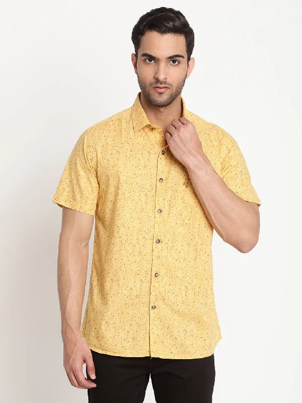 Men's pre-washed gym shirt-Men's Yellow Casual Abstract Print Half Sleeve Shirt