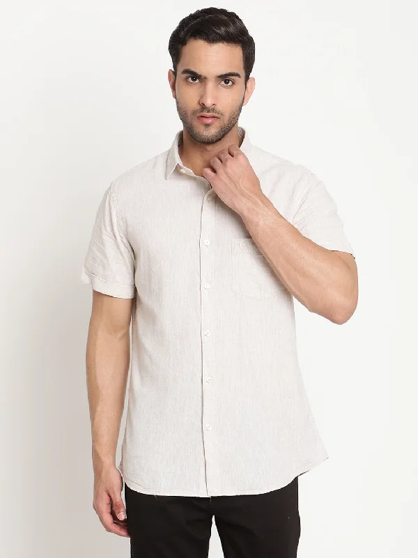 Men's wrinkle-resistant gym shirt-Men's Offwhite Casual Plain Half Sleeve Shirt